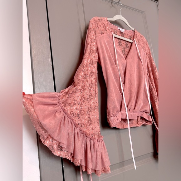 Bell Sleeve Shirt Lace Back Dressy Top with Mesh Back - Picture 6 of 6